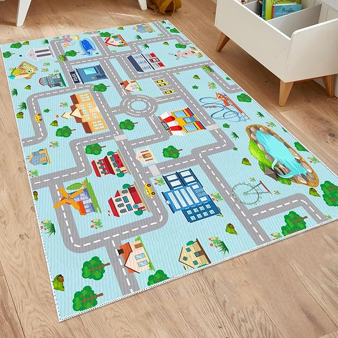 Kids Car Rug, 3x5 City Life Traffic Road Playmat for Toy Cars Trains, Non-Slip Race Track Carpet Educational Fun Area Rugs for Boy and Girl Bedroom Nursery - LeafyLoom