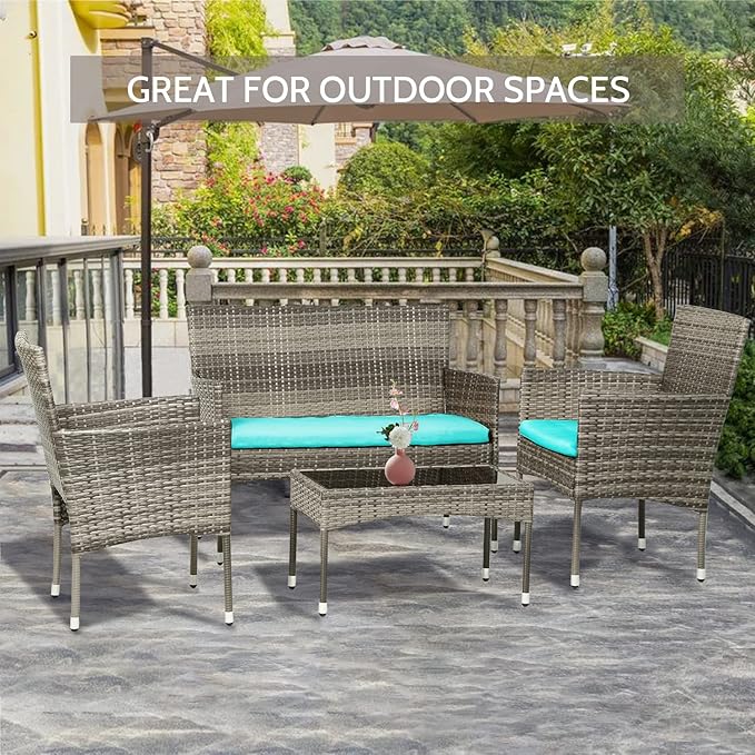 FDW Patio Conversation Set 4 Pieces Outdoor Furniture Set Wicker with Rattan Chair Loveseats Coffee Table for Outdoor Indoor Garden Backyard Porch Poolside Balcony,Gray Wicker/Blue Cushions - LeafyLoom