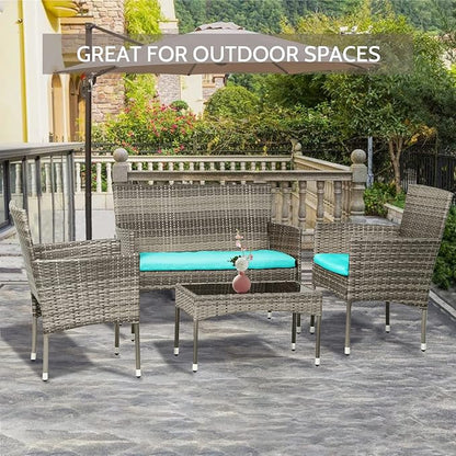 FDW Patio Conversation Set 4 Pieces Outdoor Furniture Set Wicker with Rattan Chair Loveseats Coffee Table for Outdoor Indoor Garden Backyard Porch Poolside Balcony,Gray Wicker/Blue Cushions - LeafyLoom