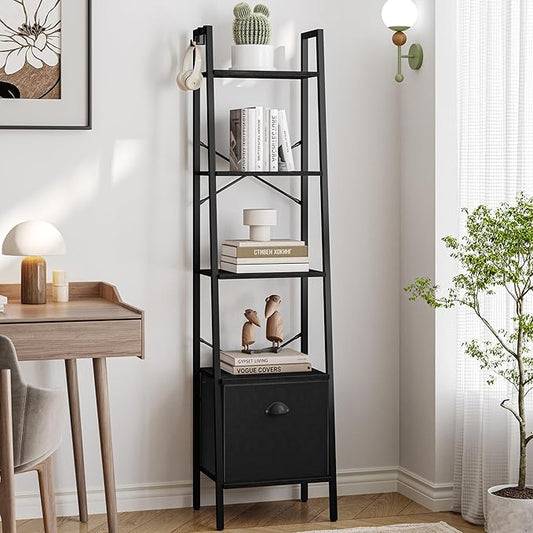 Narrow Bookshelf Bookcase with Drawer, Ladder Shelf with 2 Hooks, Bookshelves Storage Organizer, Freestanding Display Standing for Home Office, Bedroom, 5 Tier Black BC19504B - LeafyLoom