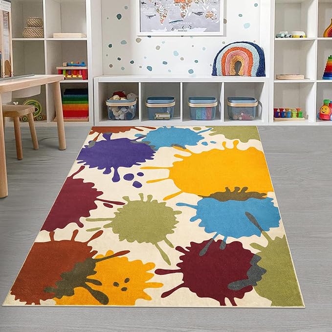 Colorful Area Rug, 5'x7' Classroom Rug for Kids, Paint Splash Washable Rug for Playroom, Non-Slip Rainbow Nursery Rug Soft Living Room Carpet for Bedroom Dining Room Kids Room - LeafyLoom