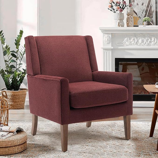 COLAMY Modern Wingback Living Room Chair, Upholstered Fabric Accent Armchair, Single Sofa chair with Lounge Seat and Wood Legs for Bedroom/Office/Reading Spaces, Red - LeafyLoom