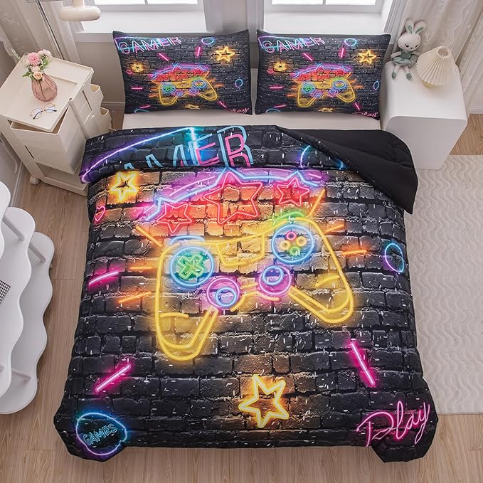 Boys Full Size Bedding Set, Gaming Comforter Sets for Boys, Gamer Bedding Sets for Boys Teens, Neon Kids Bedding Set, Gaming Room Decor for Boys Bedroom(1 Comforter +2 Pillowcases) - LeafyLoom