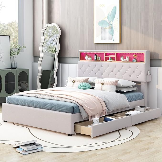 Full Size Bed Frame with LED Headboard, USB Charging, Upholstered Platform Bed with Storage Drawers and Headboard, No Box Spring Needed, Beige - LeafyLoom