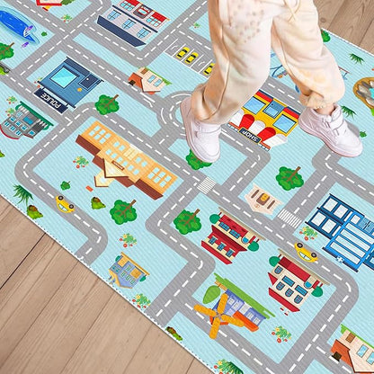 Kids Car Rug, 3x5 City Life Traffic Road Playmat for Toy Cars Trains, Non-Slip Race Track Carpet Educational Fun Area Rugs for Boy and Girl Bedroom Nursery - LeafyLoom