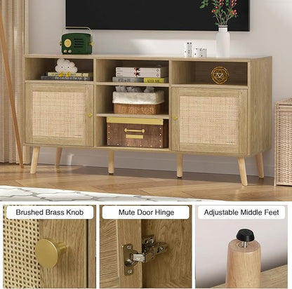 Anmytek Rattan TV Stand for TV up to 65inch,30'' Tall Farmhouse TV Stand Mid Century Modern TV Stand with Storage TV Console Entertainment Center Media Cabinet for Living Room Bedroom - LeafyLoom