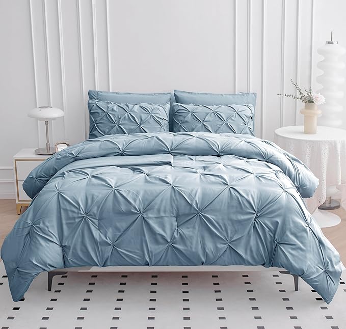 LANE LINEN King Size Comforter Set with Sheets, Complete 7 Piece King Comforter Set, Pintuck King Bedding Set, Soft King Size Bed in a Bag Set, Premium King Bed Set, Pillowcases & Shams - French Blue - LeafyLoom