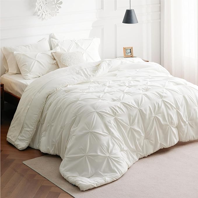 Bedsure King Size Comforter Set - Bedding Set King 7 Pieces, Pintuck Bed in a Bag Ivory Bed Set with Comforter, Sheets, Pillowcases & Shams - LeafyLoom