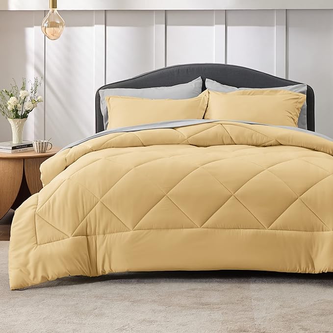 Bedsure Yellow King Size Comforter Set - 7 Pieces Reversible King Bed in a Bag King Bed Set with Comforters, Sheets, Pillowcases & Shams, King Bedding Sets - LeafyLoom