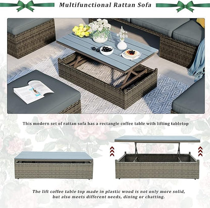 5 Pieces Patio Furniture Sets All Weather Wicker Rattan Sectional Sofa Outdoor Conversation with Adustable Backrest, Cushions, Ottomans and Lift Top Coffee Table for Poolside, Garden, Backyard - LeafyLoom