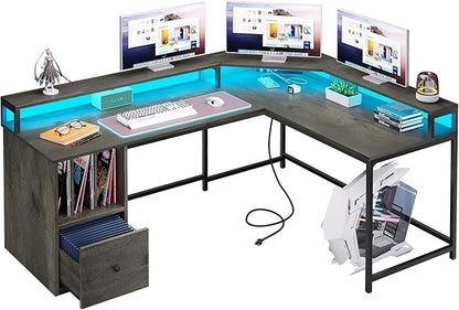 YITAHOME L Shaped Desk with Power Outlets & LED Lights, 67" Computer Desk with File Drawer, Corner Desk Home Office Desk with Monitor Stand & 3 Cubbies Storage Shelves, Grey - LeafyLoom