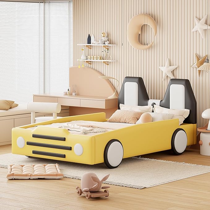 Twin Size Car Bed for Boys,Race Car-Shaped Wooden Platform Bedframe with Wheels & Safety Guardrail,Slats Support,Easy Assembly,Fun Play for Kids Toddlers Child's Bedroom,Yellow PU - LeafyLoom