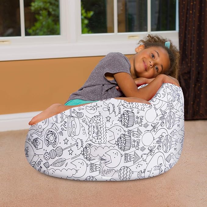 Posh Creations Bean Bag Chair for Kids, Teens, and Adults Includes Removable and Machine Washable Cover, Canvas Coloring Fabric - Fun Creatures, 27in - Medium - LeafyLoom