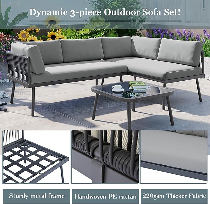 3-Piece Outdoor Patio Furniture PE Rattan Sofa Set, All Weather L-Shaped Sectional Couch with Removable Cushions and Glass Table, for Backyard Poolside Garden, Metal Frame, Onesize, Gray - LeafyLoom