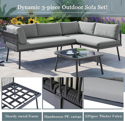 3-Piece Outdoor Patio Furniture PE Rattan Sofa Set, All Weather L-Shaped Sectional Couch with Removable Cushions and Glass Table, for Backyard Poolside Garden, Metal Frame, Onesize, Gray - LeafyLoom