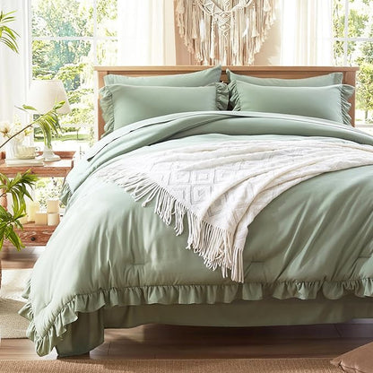 Anluoer Queen Comforter Set 7 Piece, Sage Green Bed in a Bag with Sheets, All Season Ruffle Shabby Chic Bedding Sets with 1 Comforter, 2 Pillow Shams, 2 Pillowcases, 1 Flat Sheet, 1 Fitted Sheet - LeafyLoom