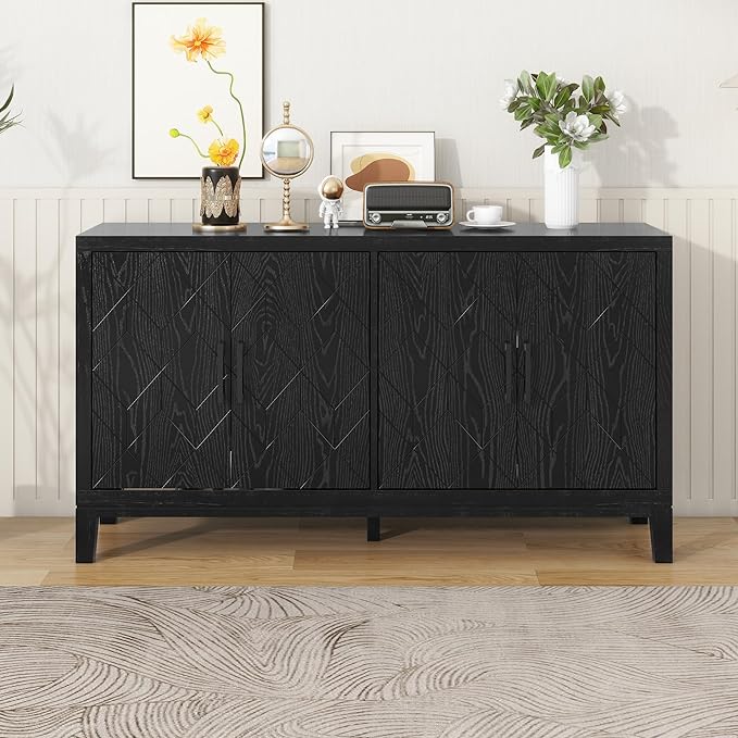 60" 4 Door Retro Sideboard with Adjustable Shelves,Wood Diamond-Shaped Lattice Pattern Storage Buffet Cabinet,w/ 4 Long Handle,for Living Dining Room,Black - LeafyLoom