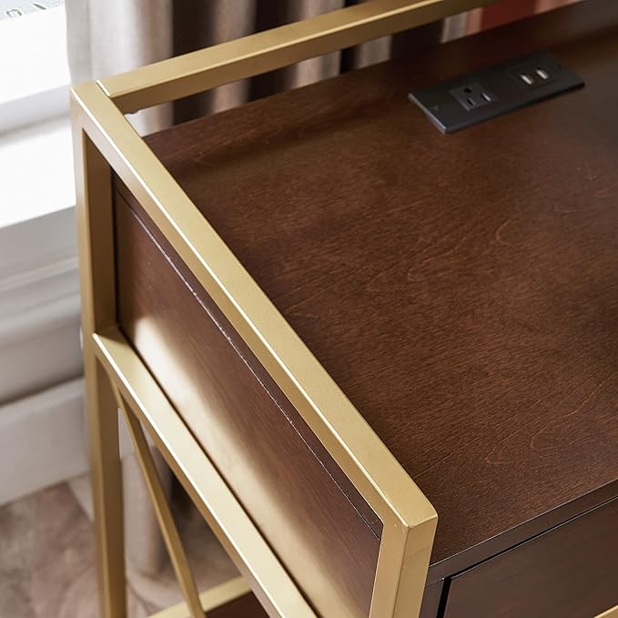 Leick Home 9069-WA One Drawer Nightstand Side Table Contemporary Modern USB-C Fast Charging Station A/C USB Charging Port Integrated Durable Solid Metal Wood Living Room Bedroom Office Walnut and Gold - LeafyLoom