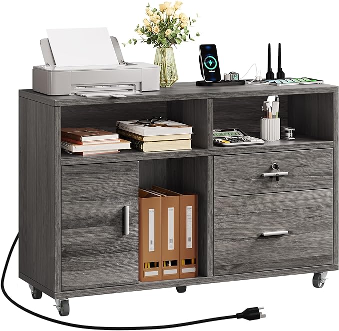 DWVO 2 Drawer File Cabinet with Charging Station, Mobile Filing Cabinet with Lock, Grey - LeafyLoom