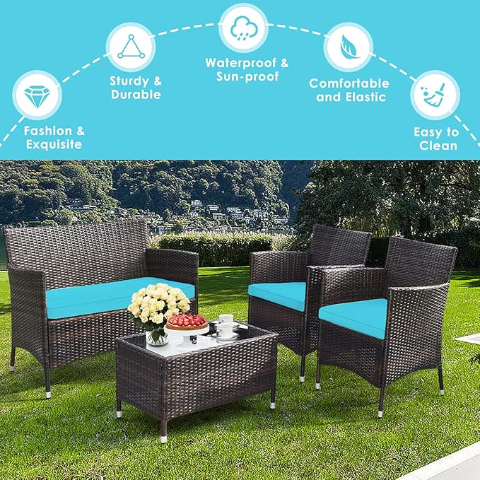 Goplus 4-Piece Rattan Patio Set, Outdoor/Indoor Wicker Conversation Set for Pool, Backyard, Lawn, Wicker Chairs and Sofa with Soft Cushion, Rattan Furniture with Tempered Glass Coffee Table - LeafyLoom