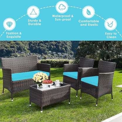 Goplus 4-Piece Rattan Patio Set, Outdoor/Indoor Wicker Conversation Set for Pool, Backyard, Lawn, Wicker Chairs and Sofa with Soft Cushion, Rattan Furniture with Tempered Glass Coffee Table - LeafyLoom