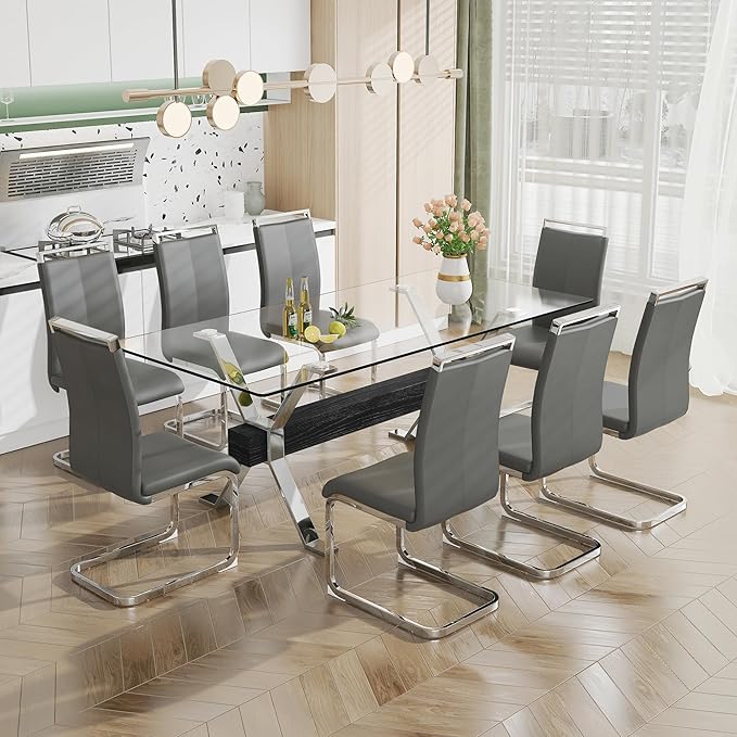 NicBex Dining Table Modern Tempered Glass Dining Table Large Modern Office Desk with Silver Plated Metal Legs and MDF Crossbars, Suitable for Both Home and Office Use, Silver + Black - LeafyLoom