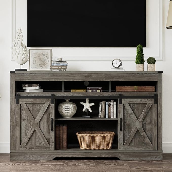 Farmhouse Stand for TVs up to 65+ Inch Tall Entertainment Center with Sliding Barn Door, Console Storage Cabinet for Bedroom, Living Room, Light Grey - LeafyLoom