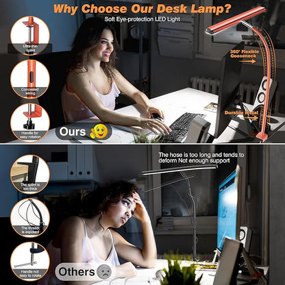 LED Desk Lamp for Office Home, Eye-Caring Desk Light with Stepless Dimming Adjustable Flexible Gooseneck, 10W USB Adapter Desk Lamp with Clamp for Reading, Study, Workbench (Red) - LeafyLoom