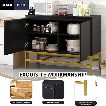 39.4" Minimalist & Luxury Two Door Sideboard with Gold Metal Legs,Freestandin Storage Buffet Cabinet,w/Adjustable Shelves,for Living, Dining Room,Entrance Passage,Black - LeafyLoom