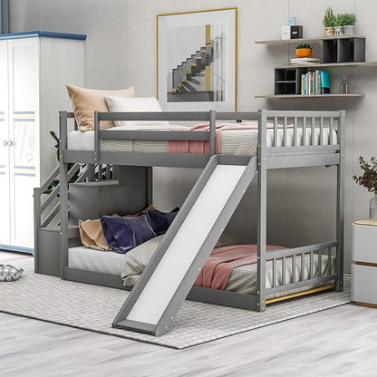 Twin Bunk Bed with Convertible Slide and Stairs, Wooden Low BunkBed Frame for Kids Teens Bedroom, Dorm, Gray - LeafyLoom