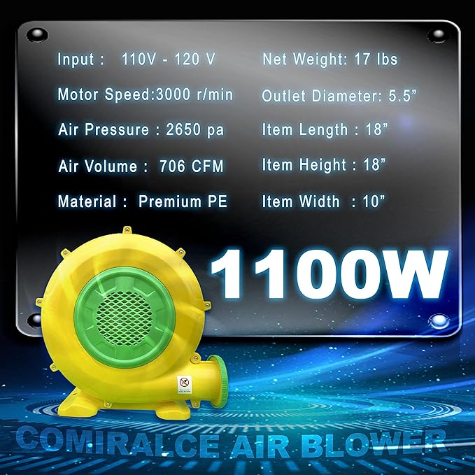 CoMiracle Air Blowers, 1.5 HP 1100 W Inflatable Bounce House Air Blower, Outdoor Inflatable Castle and Jump Slides Blower - LeafyLoom