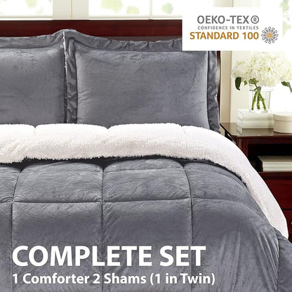 Cathay Home Queen Comforter Set: Ultra Soft and Plush Reversible Micromink and Sherpa 3-Piece Bedding Set, Pewter, Queen (90" x 90") - LeafyLoom