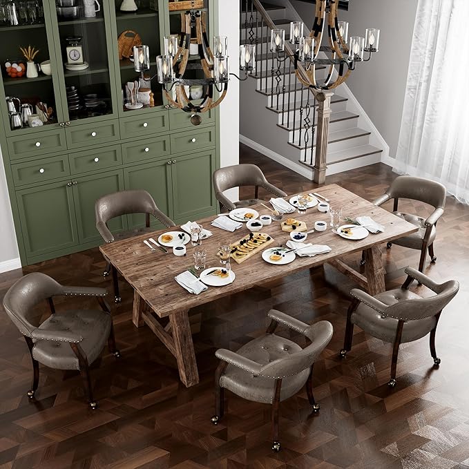 Dining Chairs with Casters and Arms, Accent Kitchen Table Chairs with Wheels, Roller Poker Table Chairs, Wooden Captains Chair, Espresso Legs & Dark Brown SY-318-DK - LeafyLoom