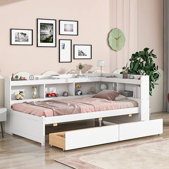 Twin Size Platform 2 Storage Drawers and L-Shaped Bookcases, Wooden Captain Bed Daybed Frame with Headboard for Bedroom, Living Room, White - LeafyLoom