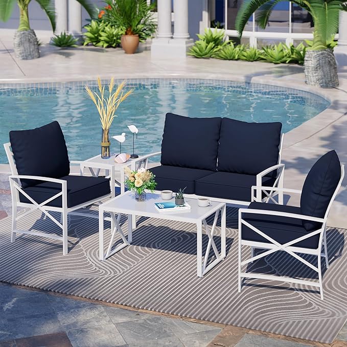 Shintenchi 5 Piece Outdoor Furniture Sets, White Metal Sofa Conversation Sets with Loveseat, Two Single Chairs and Two Coffee Tables for Backyard, Patio, Balcony, Poolside (Dark Blue) - LeafyLoom