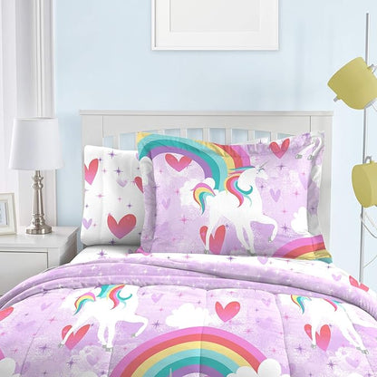 dream FACTORY Kids Twin Bedding Bundle with Unicorn Rainbow and Mermaid Dreams Comforters, Sheets and Shams (5-Piece Sets) - LeafyLoom