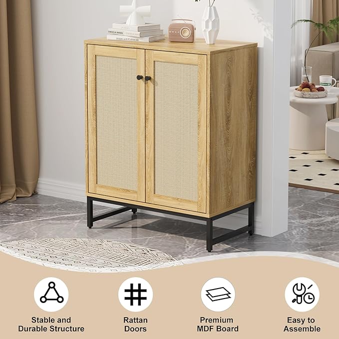 Sideboard Buffet Cabinet, Storage Cabinet with Double Rattan Doors, Modern Rattan Sideboard Cabinet, Kitchen Storage Cabinet with Metal Feet, for Entryway, Bedroom, Living Room (Natural Wood) - LeafyLoom