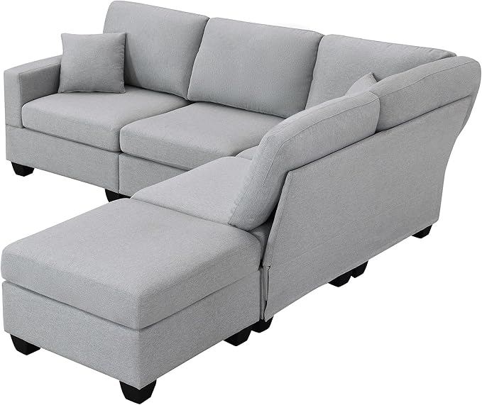 89.8" Modern Sectional Sofa with Convertible Ottoman and 2 Pillows,L-Shape Linen Fabric Corner Couch 5 Set W/Back & Cushion,can Hold up to 330 Lbs,for Apartment,Living Room,Light Grey - LeafyLoom