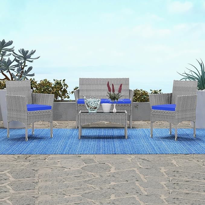 Patio Furniture, 4 Piece Conversation Set, Outdoor Wicker Rattan Table and Chairs, Sectional Sofa with Thick Cushion for Garden, Yard, or Porch, Light Grey - LeafyLoom