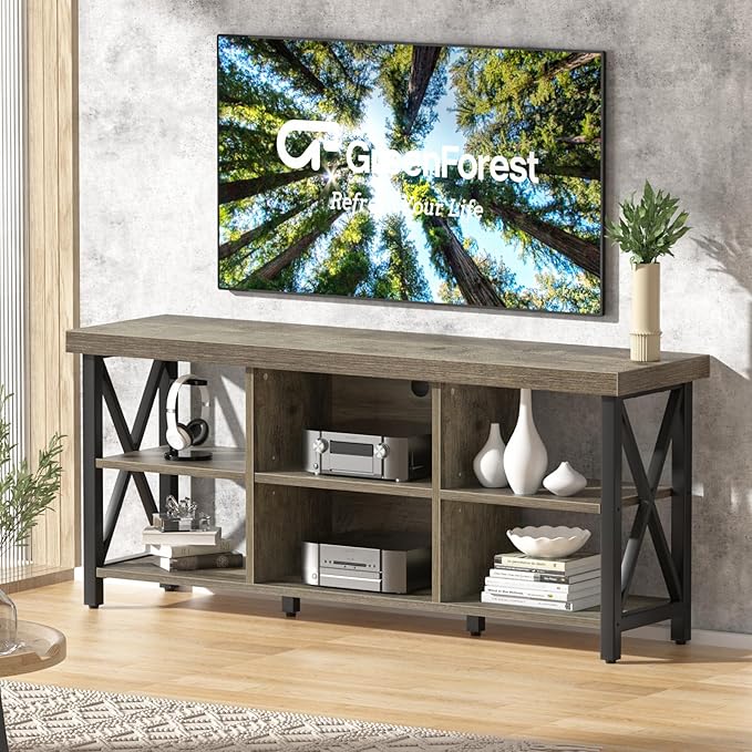 GreenForest TV Stand for TV up to 65 inches, Entertainment Center with 6 Storage Cabinet for Living Room, 55 inch Farmhouse Television Stands Console Table, Industrial TV stands for Living Room, Gray - LeafyLoom