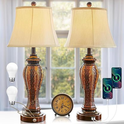 27.5''Tall Bedroom Lamps Set of 2,Rustic Farmhouse Table Lamps for Living Room,3-Way Dimmable Touch Bedside Lamps with 2-USB Charging Ports for Nightstand (Retro Bronze) - LeafyLoom