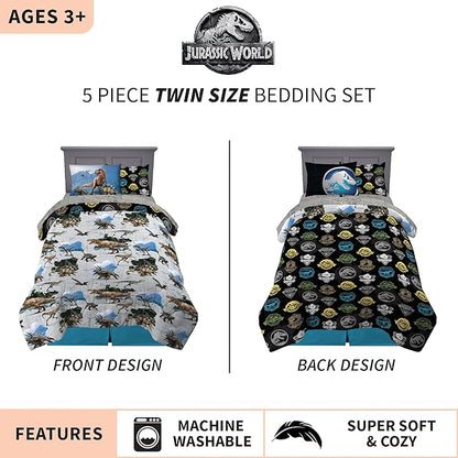 Franco Kids Bedding Super Soft Comforter and Sheet Set with Sham, 5 Piece Twin Size, Jurassic World,6A1348 - LeafyLoom