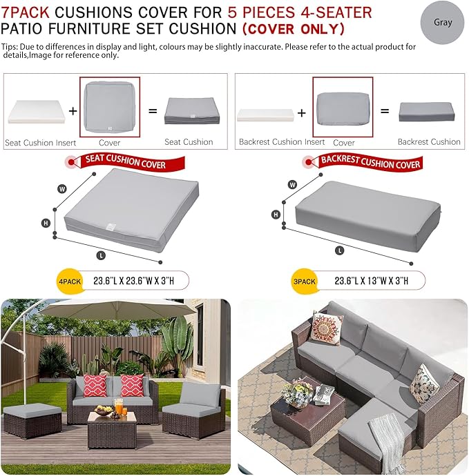 ClawsCover 7Pack Outdoor Seat and Back Cushions Replacement Covers Fit for 3/5 Pieces 4-Seater Wicker Rattan Patio Furniture Conversation Set Sectional Couch,Gray-Small (Include Cover Only) - LeafyLoom