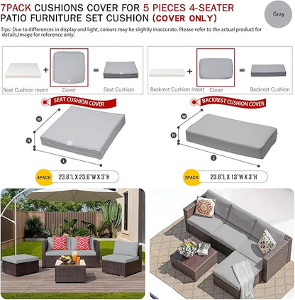 ClawsCover 7Pack Outdoor Seat and Back Cushions Replacement Covers Fit for 3/5 Pieces 4-Seater Wicker Rattan Patio Furniture Conversation Set Sectional Couch,Gray-Small (Include Cover Only) - LeafyLoom