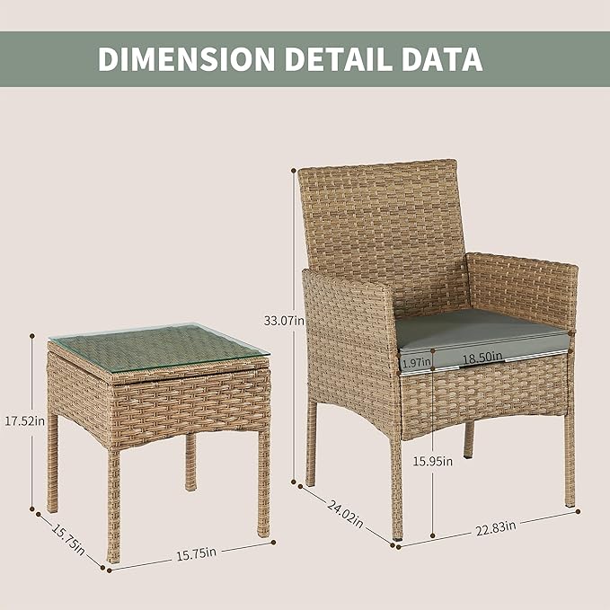 3 Pieces Patio Set Balcony Furniture Sets for Apartments.Bistro Furniture Set, Conversation Sets with Coffee Table, for Porch, Patio, Garden and Removable Cushions Grey - LeafyLoom