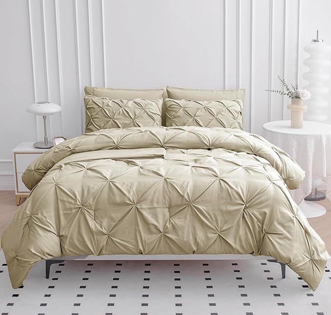 LANE LINEN Twin Comforter Set, 5 Piece Twin Size Bed in a Bag Sets, Pintuck Bedding Sets & Collections with Down Alternative Comforter, Sheets, Pillowcases & Shams, Ultra Soft Twin Bed Set - Linen - LeafyLoom