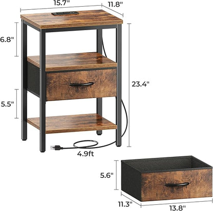 SUPERJARE Nightstand Set of 2, Bed Side Tables with Charging Station, Adjustable Fabric Drawer, Night Stand for Bedroom, 3-Tier Storage End Tables, for Living Room, Rustic Brown - LeafyLoom