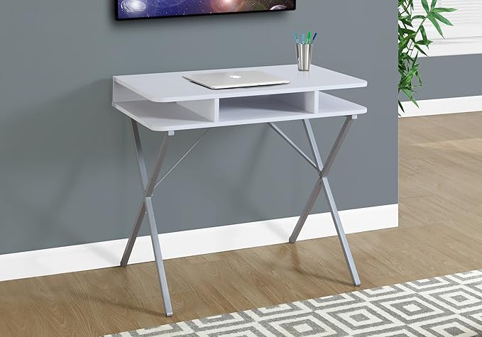 Monarch Specialties I 7100 Computer Desk, Home Office, Laptop, Storage Shelves, 31" L, Work, Metal, Laminate, White, Grey, Contemporary, Modern - LeafyLoom