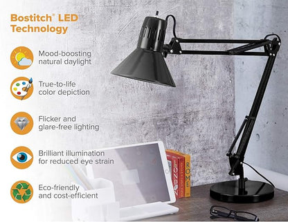 Bostitch Office VLF100D Swing Arm Desk Lamp, Metal, 36" Reach with Multi-Joint Adjustment, Includes Replaceable LED Bulb (VLF), Black - LeafyLoom