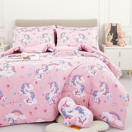 Mooreeke Kids Comforter Bed Set Twin Size for Girls, 6 Pieces Bed in a Bag with Shams, Sheet Set, Pink Unicorn Double Soft Microfiber Kids Comforter Bedding Set - LeafyLoom